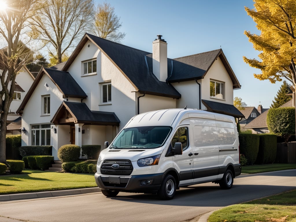 A white ford transit van parked on the street in front of a suburban house, sunny day, publication advertisement photography, hyper realistic