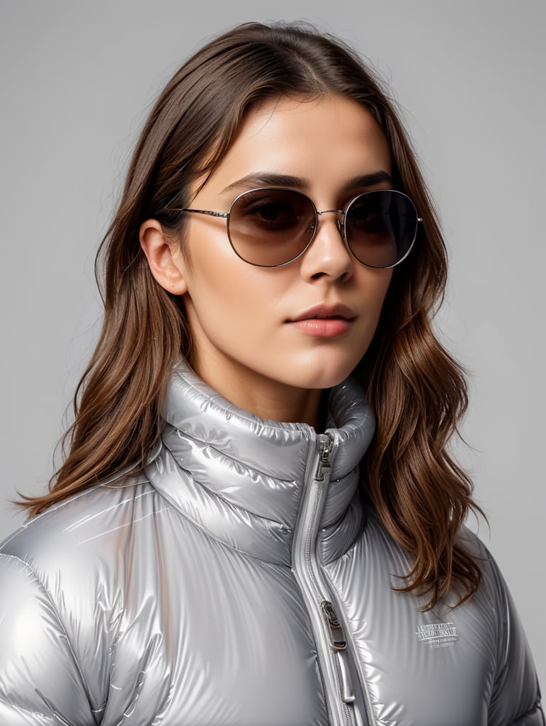 Inflatable white minimalist women's puffer jacket, wearing sunglasses, transparent, isolated, grey background, mockup