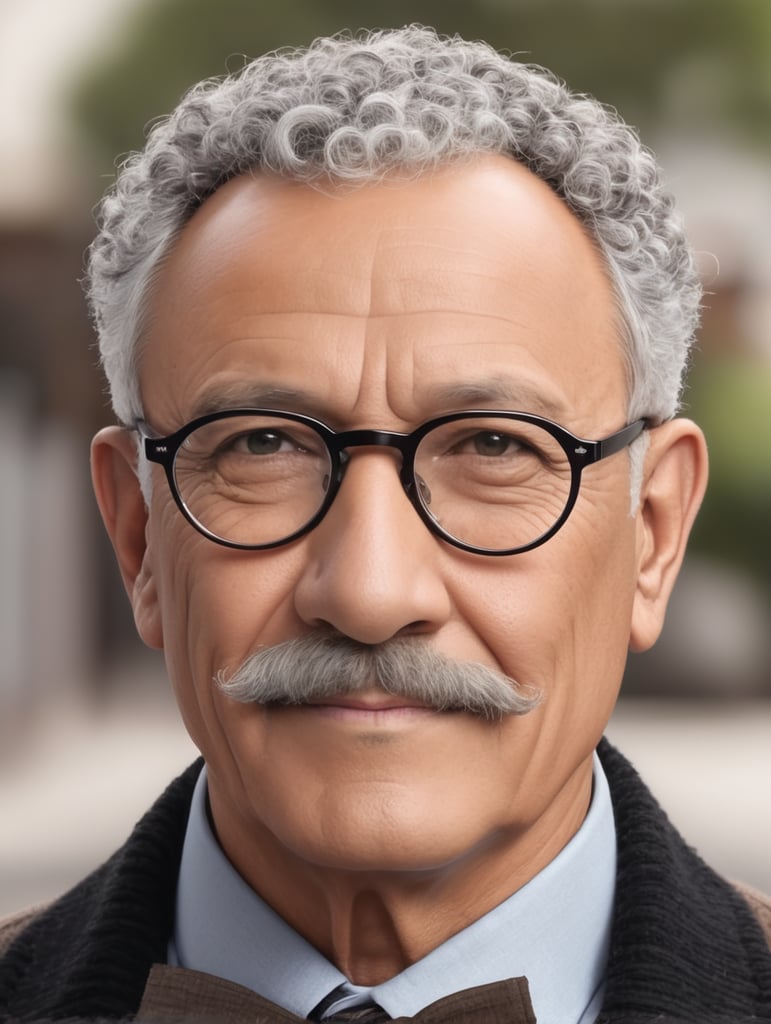 46 old man wearing glasses with black haired round tips mustache and curly short hair