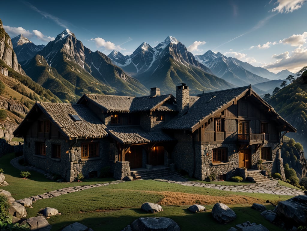mountain house built of stone, with large windows, mountains in the background