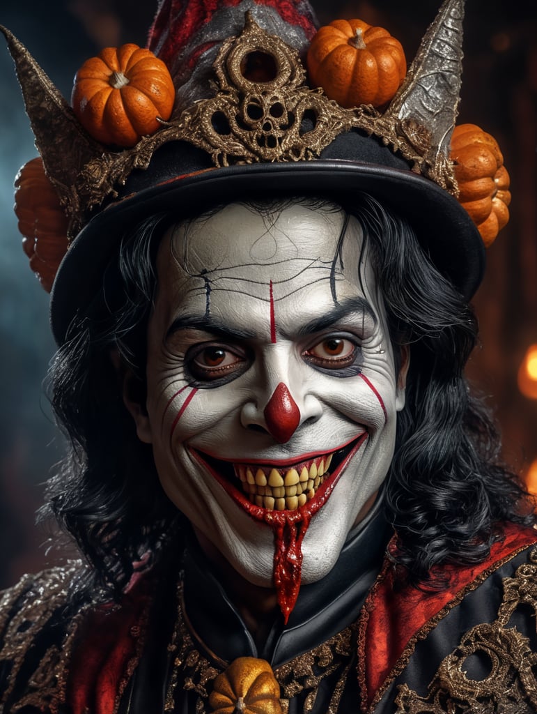 Old Michael Jackson as a creepy evil character wearing spooky Halloween costume, evil smile, creepy nose, Vivid saturated colors, Contrast color
