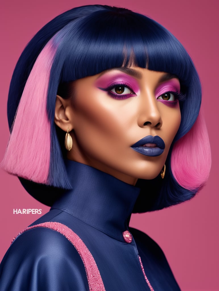 Donyale luna, avant-garde, simplygo, photoshoot spread, dressed in all indigo, pink background, harpers bizarre, cover, headshot, hyper realistic