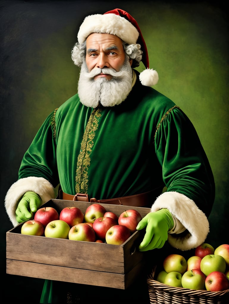 Portrait of an Italian Santa Claus in 17th century clothing holding a box of ripe apples. The apples have the right texture and green color. The box is made of dark wood with a beautiful texture.
