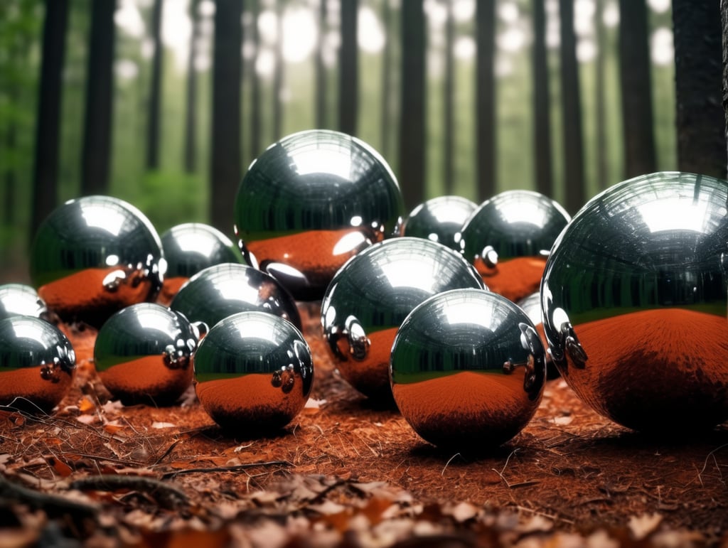 chrome round balls flying in the forest, no blur, sharp focus, cinematic lighting, epic scene