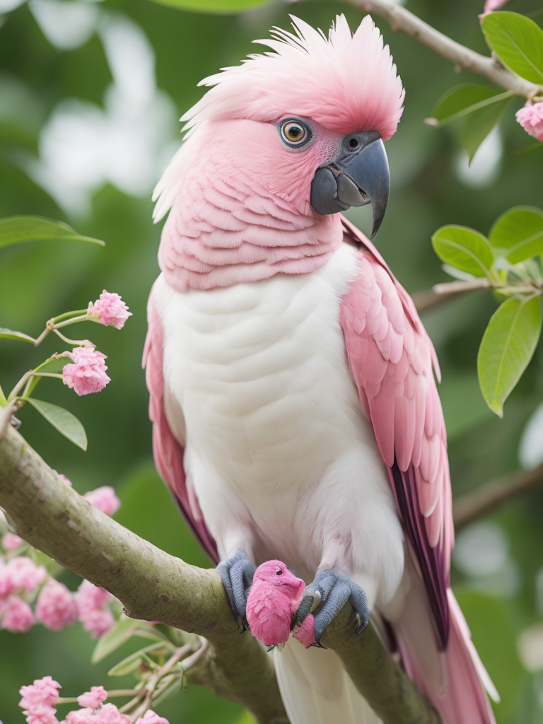 pink and white cest galah cockatoo bird in a tree with green leaves and flowers, fantasy animation, for children book illustration, cute big circular reflective eyes, pixar render, Vibrant colors, Depth of field, Incredibly high detail
