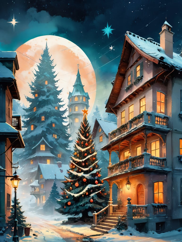 christmas card, santa claus in the foreground, christmas tree, fairytale houses, atmosphere of christmas and joy, sky strewn with stars. the postcard was made in the 60s