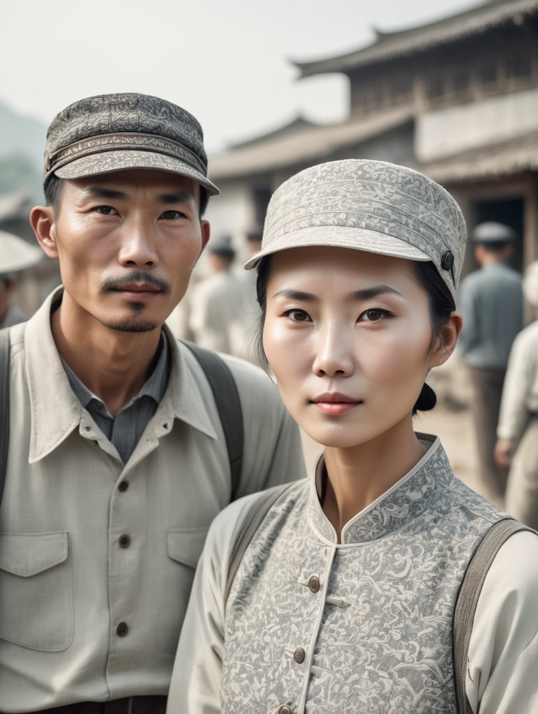 Leica portrait of people, in the style of dark hues, rural china, coded patterns, sparse and simple, uhd image, urbancore, sovietwave