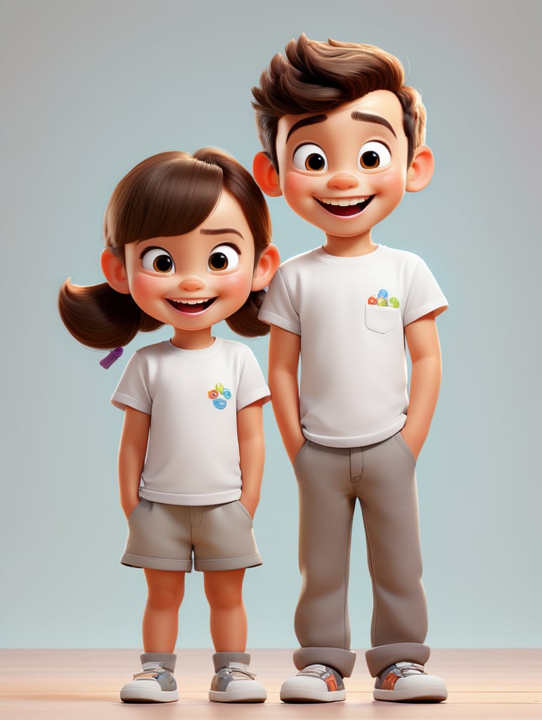 a Little boy and girl wearing white t-shirts, standing in front of ping background, blank shirts no print, 3 years old smiling toddlers, photo for apparel mock-up