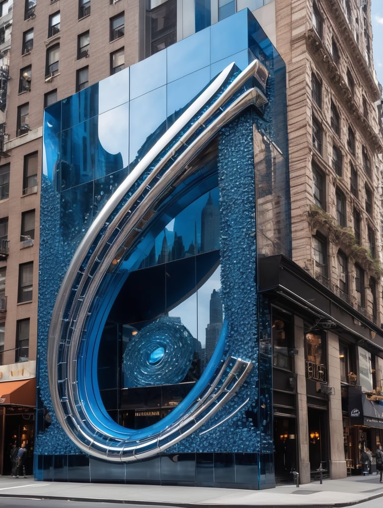 A futuristic neocosmic architectural facade of à Restaurant on the form of a musical note, in New York city, in blue glass, hyper realistic, hyper detailed, Nikon camera