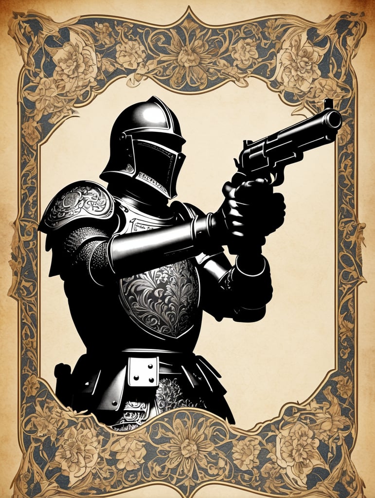 intricate floral parchment background, close up shots of one single ironclad armored medieval knight holding gun glock shooting POV, handgun wielding, firearm, vintageillustration, , with the latin texbox saying "unparriable"
