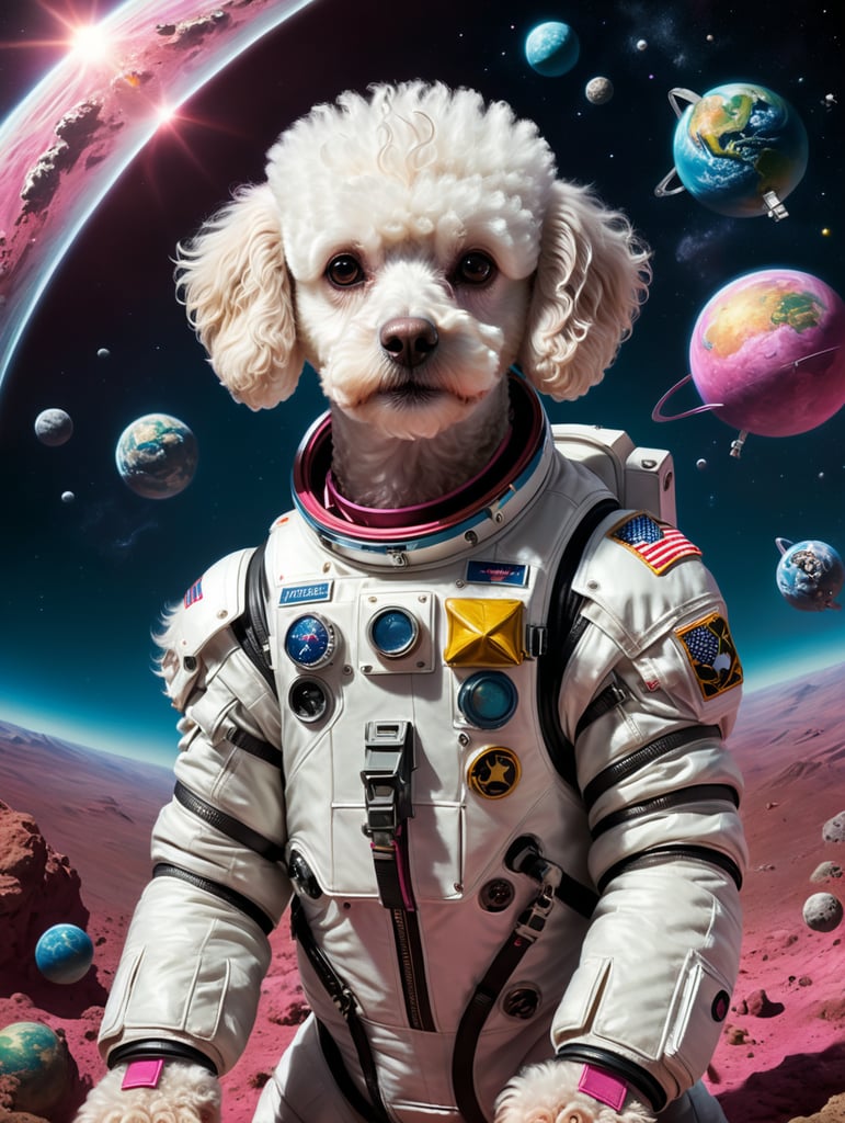 white poodle, space suit, earth orbit, funny dog, cheerful poodle pet in space, dog in pink space suit, poodle in orbit space adventure playful poodle, 1280x720 pixel scale