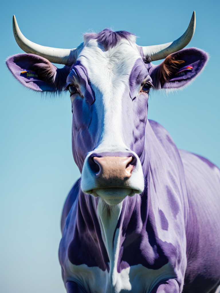 Purple Cow Portrait, Sharp Details, Cow Focus, Bright colors, Cyan Gradient Background