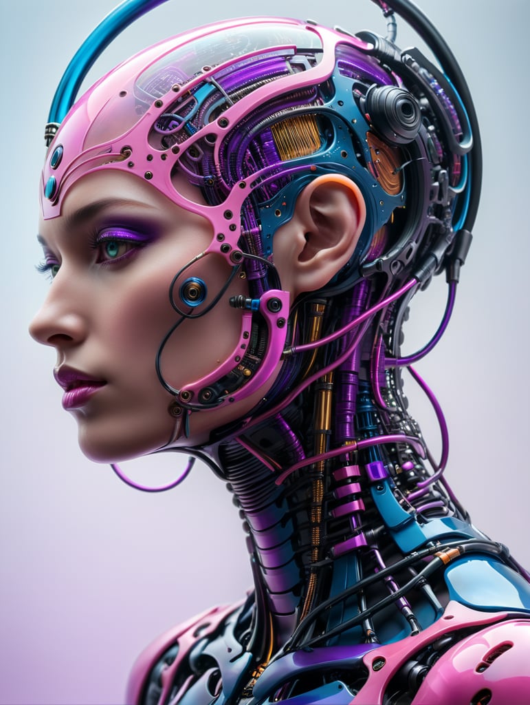 iseneld + abstract biomechanic humanoid portrait made of matte transparent rubber, smooth carbon fibre skin, circuits and sinuous wires, liquid shapes + vibrant color palette (pink, blue, purple), biomorphic, minimalism, surrealism, dither + art station