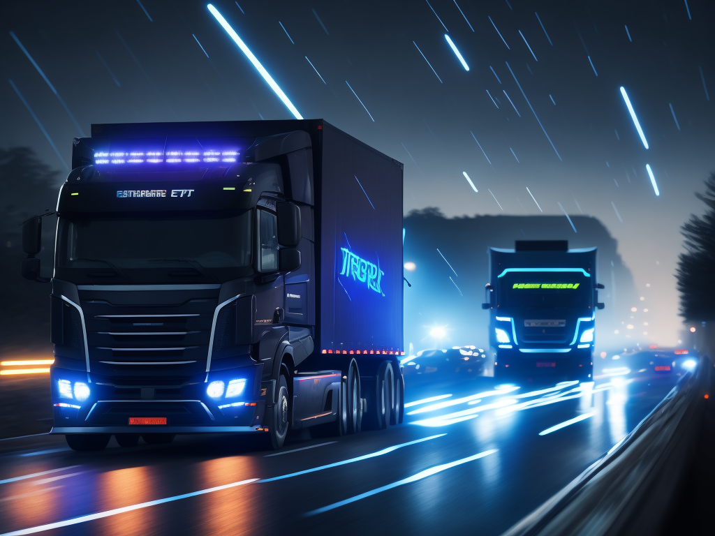 High tech trucks drive on the long and wide highway at the raining night. Headlights and cyberpunk advertisements light up the night all around.