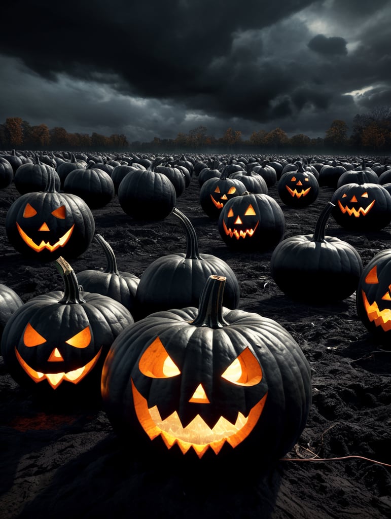 Black pumpkins in a spooky black field with dark clouds 8k Realistic 50 pumpkins in view