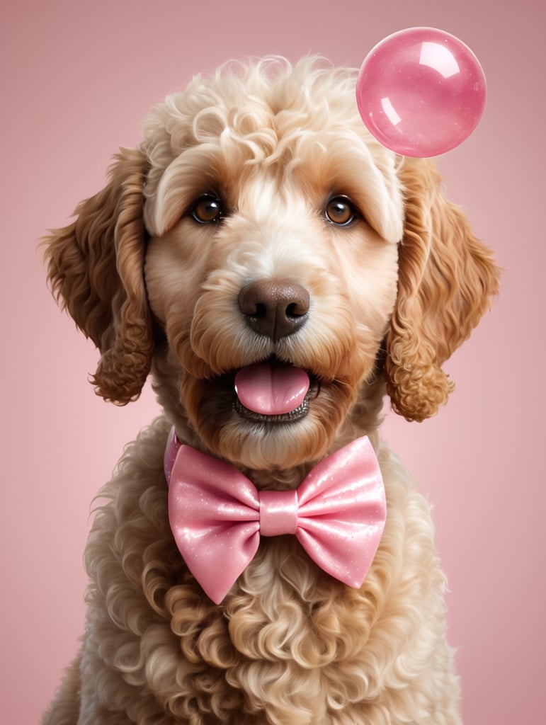 Image of a realistic golden doodle with details in the curls of its hair. The dog should be sitting facing the camera blowing a pink bubblegum bubble from its lips with a pink bow on its head