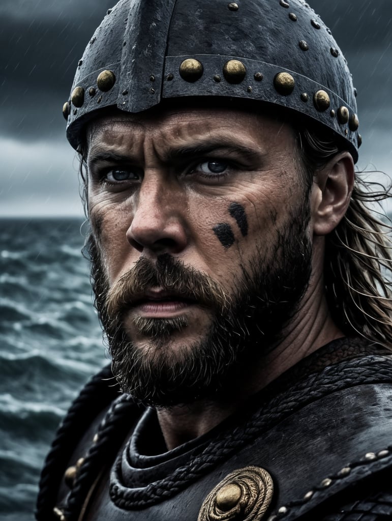 A portrait of viking warrior at the boat in the ocean, stormy weather