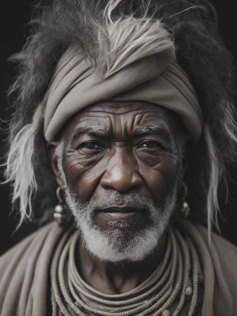 Portrait of a black elderly male shaman, gray beard, muted tones, black background