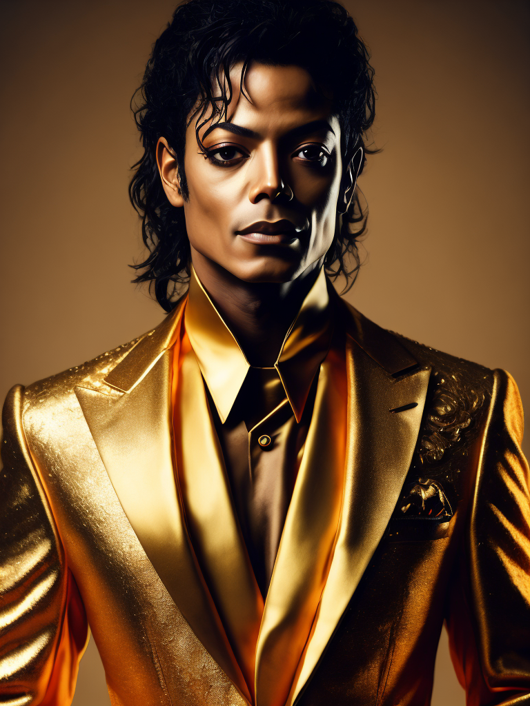 Portrait of Michael Jackson dressed in golden chrome suit, dark gradient background, Vivid saturated colors, Contrast light, studio photo, professional photo, Detailed image, detailed face