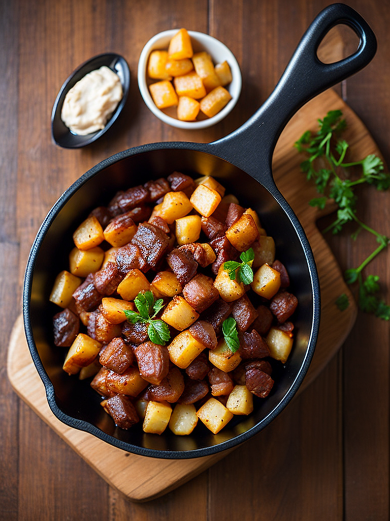 fried potatoes with juicy fried meat on a wooden background
