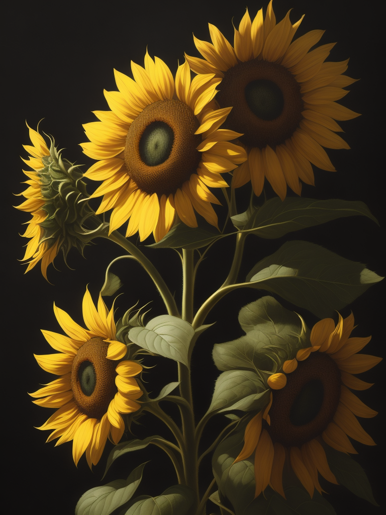 Sunflowers, moody, oil painting, by Willem van Aelst