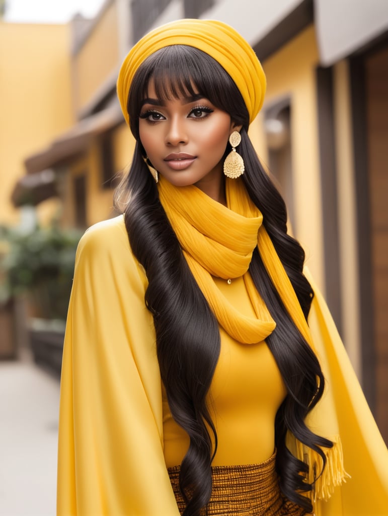 Pretty brown skin girl brown eyes long black front wig long lashes earrings bent over back with yellow outfit with scarf from behind bottom half of her