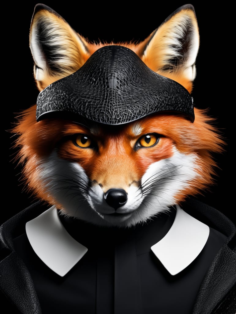 A Fox, avant-garde, simplygo, photoshoot spread, dressed in all black, black background, harpers bizarre, cover, headshot, hyper realistic