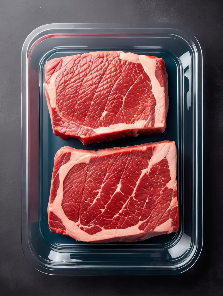 ready of cooking steak new york in a transparent plastic tray, top view, isolated, mockup