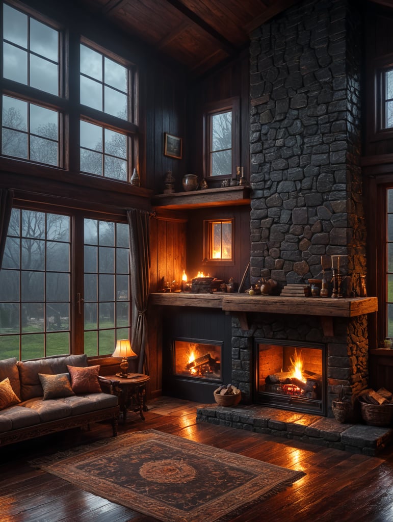 warm cozy nice decor wood house, raining outside window, fireplace inside