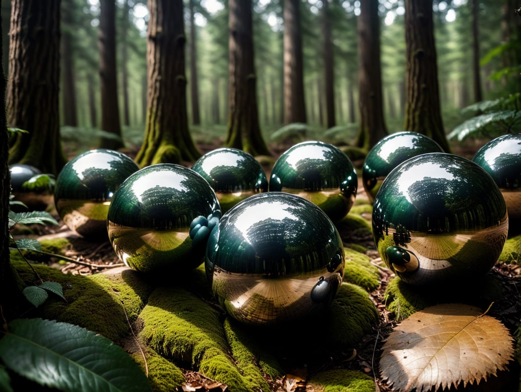 chrome round balls flying in the forest, no blur, sharp focus, cinematic lighting, epic scene