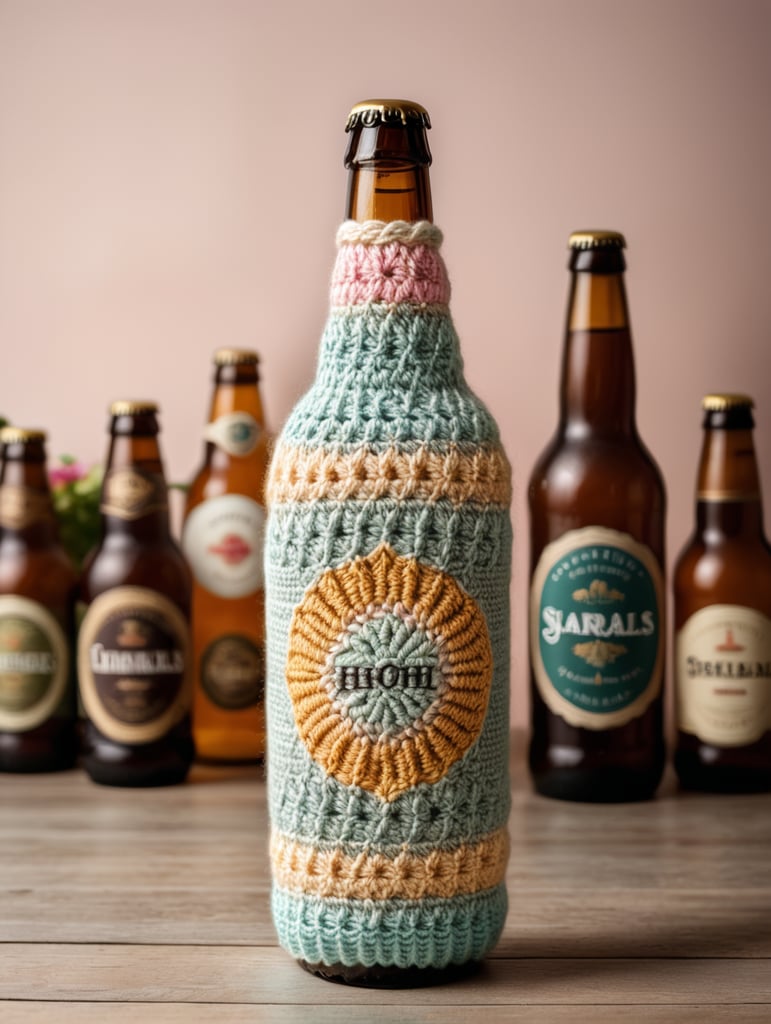 crochet beer bottle cute pastel colours, mockup, mock up