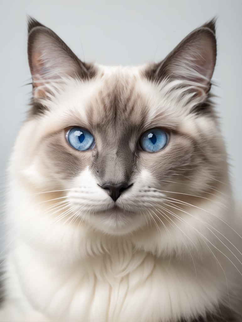 Ragdoll cat with blue eyes looking at the camera. Smiling face. Shot in studio on white background