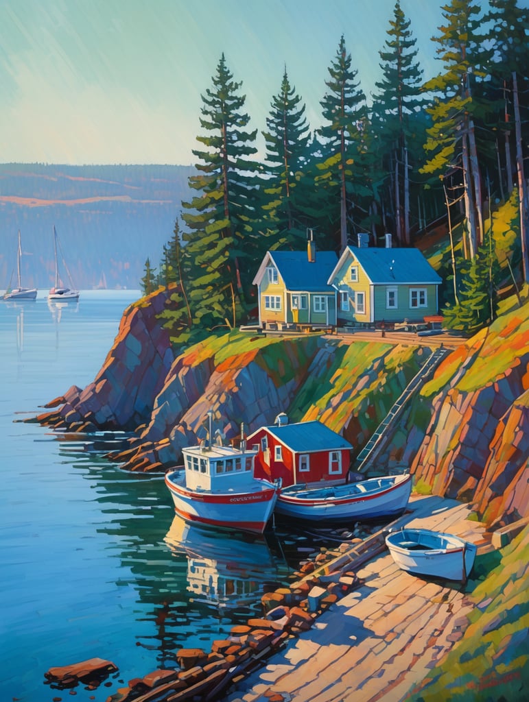 Ocean, seashore, some gaspé cliffs, labrador landscape, rpg style, erin hanson, trees, boat, quay, wharf, morning light with long shadows and mist, some fog, house, painting, hill, spruce tree, some sand