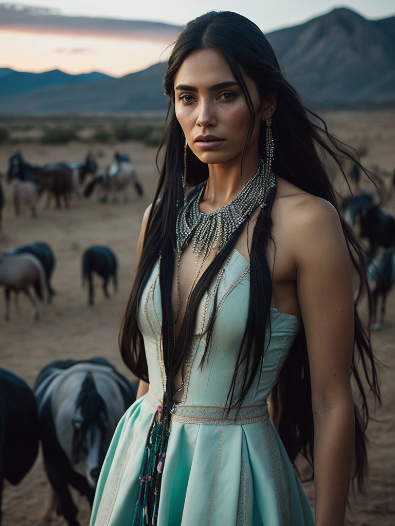 a native american princess with bright green eyes and incredibly long black hair, shown full-body with elegant clothing, turquoise necklace and earrings, feathers, shown at sunset with a gorgeous pink orange and teal sky, horses in the background, inspiring, lifelike accuracy