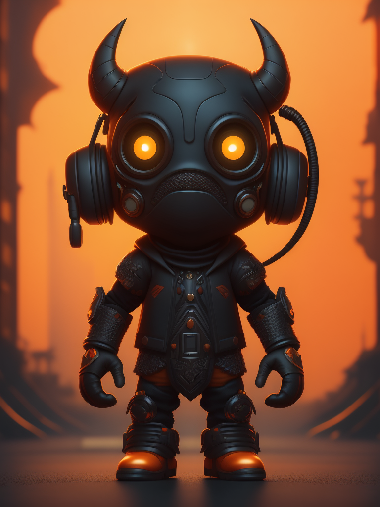 game character monster, a cute monster character with headphone, orange color, funko pop, vibrant gradient background,