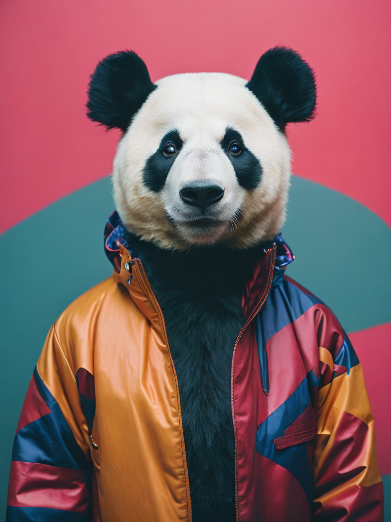 Portrait of a panda dressed in a colorful oversized jacket, Vivid saturated colors, Contrast color, studio photo, professional photo, Rich colors, Detailed image, detailed face