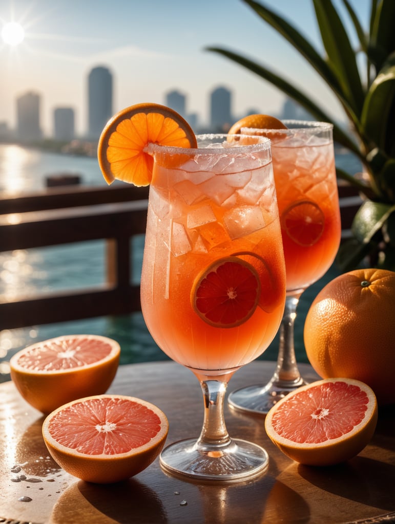 Grapefruit juice cocktail, with ice cubes in the glass and a salt rim, amazing photo, very realistic, elegant and tasty, photography, condensation, f2.8, 50mm lens, intricately detailed, 8k, cinematic production, highly detailed, highly realistic, sunny mexico in the background