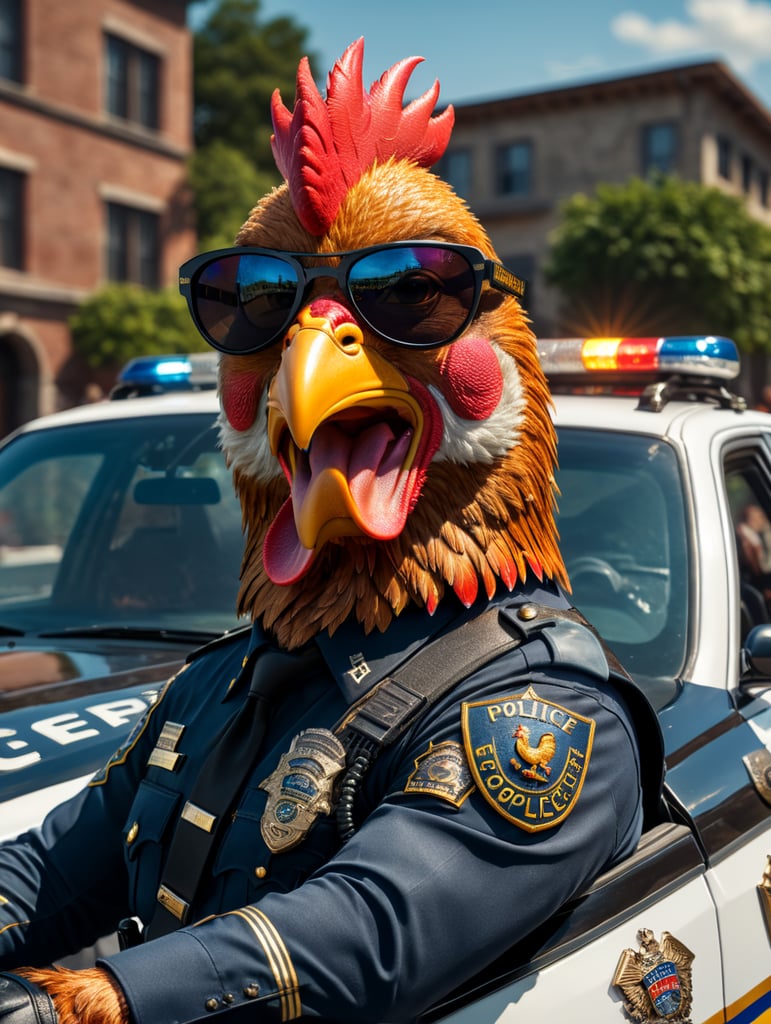 Rooster police officer, sitting behind the wheel of a police car, close-up shot, sunglasses, clipart, stock photo