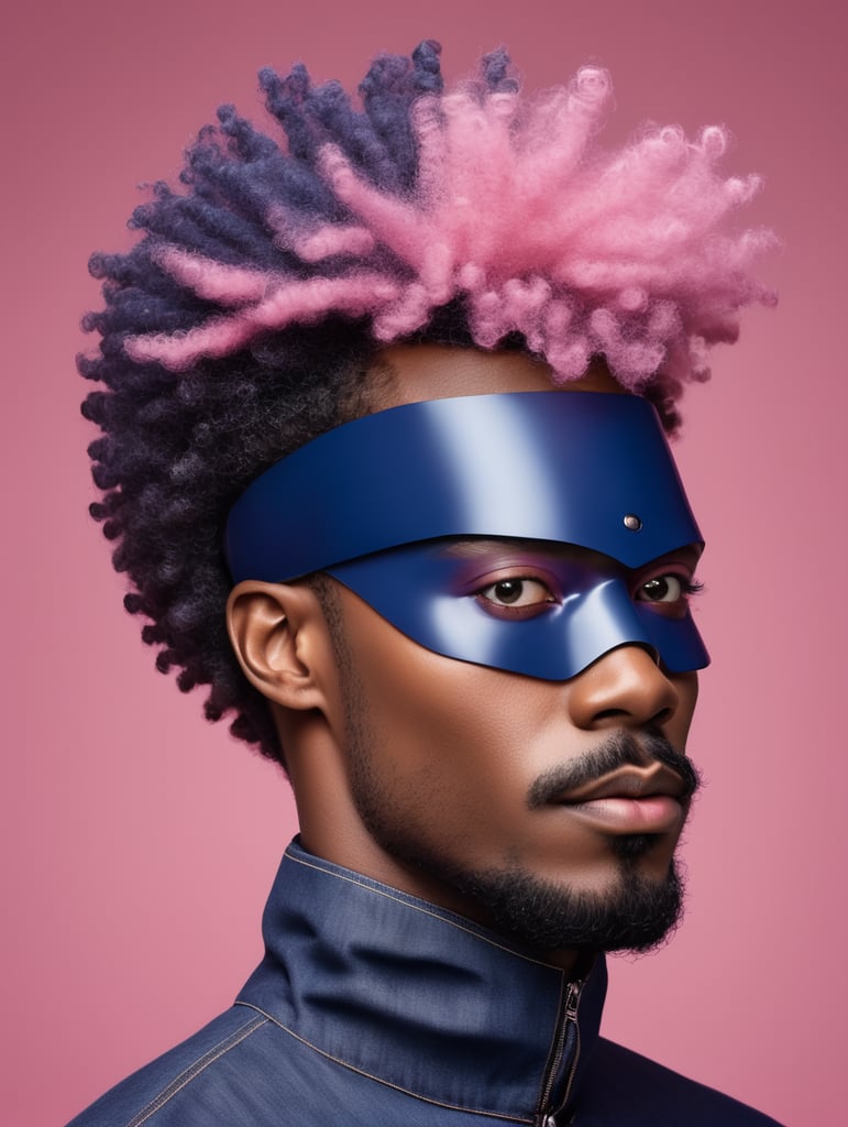 Afro ebony man, avant-garde, simplygo, photoshoot spread, dressed in all indigo, pink background, harpers bizarre, cover, headshot, hyper realistic