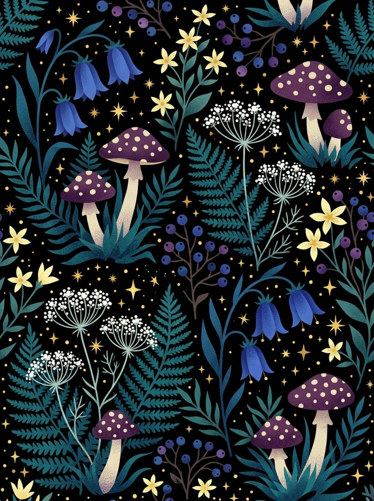 A nocturnal botanical pattern on a black background featuring stylized blue bell flowers, purple spotted mushrooms, and white umbel blossoms. Dark teal ferns, pale yellow blooms, berries, and glowing stars fill the composition, rendered as flat vector shapes with stippled gradient shading.