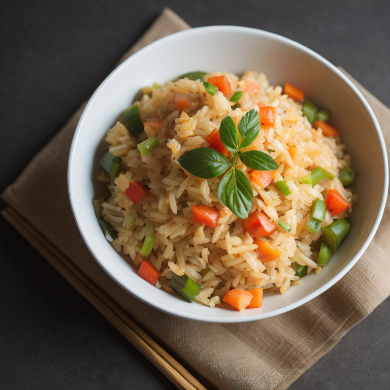 top view, thai style fried rice, shredded chicken, diced carrots, red pepper, green onions, bamboo shoot strips, chilli flakes, ginger, thai basil, unreal engine 5, very realistic, very detailed, realistic photography, 4k, 85 – mm – lens, sharp – focus, intricately – detailed, f 8, ISO 100, shutter – speed 1 125, diffuse – back – lighting, award – winning photograph, elle, small – catchlight, low – contrast, High – sharpness, depth – of – field, ultra – detailed photography, raytraced, global illumination