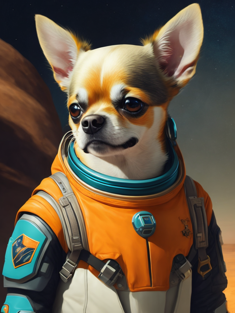 A Chihuahua like a Rocket Raccoon from Guardians of the Galaxy wearing astronaut costume on the Mars