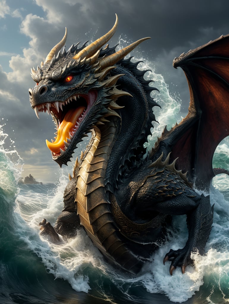 Dragon riding a gnarly wave while holding a super soaker