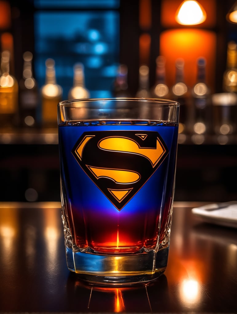 colors of superman, put the logo in glass, Drink Snifter Glass in a darkness bar, cinematic lighting, product shot, 4:3, 4k