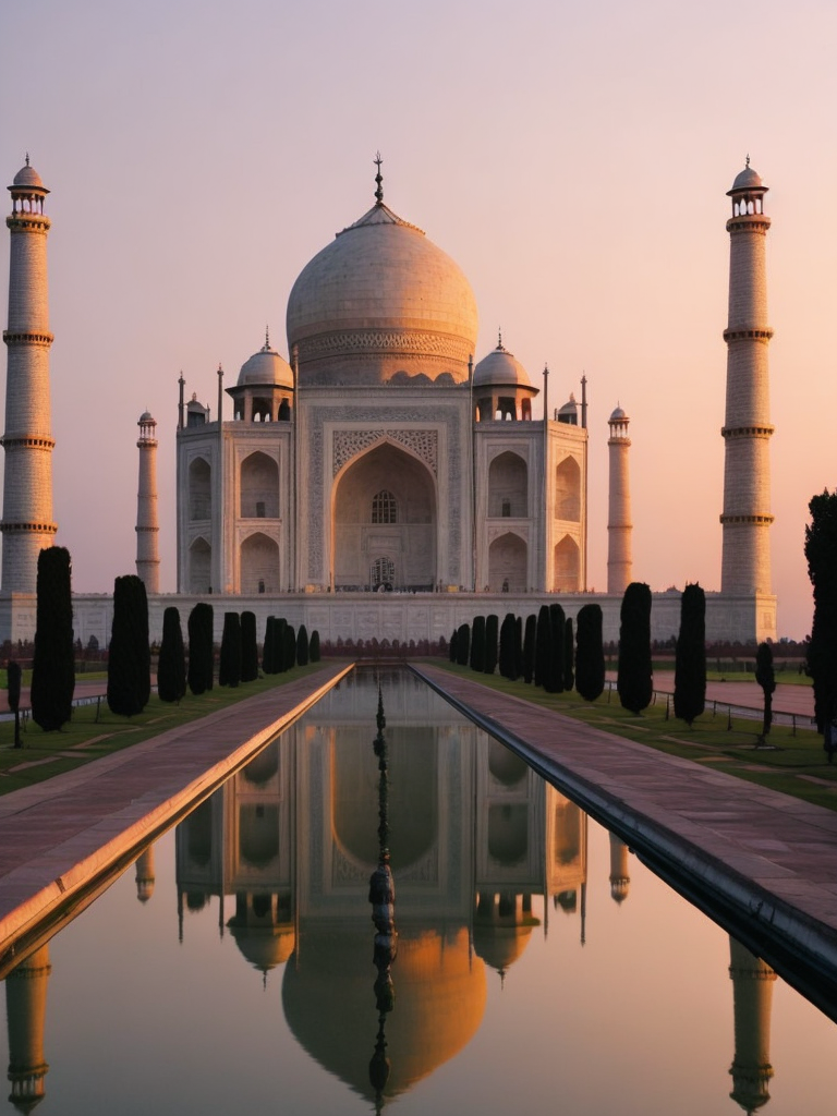 Taj Mahal, pink purple sunset,