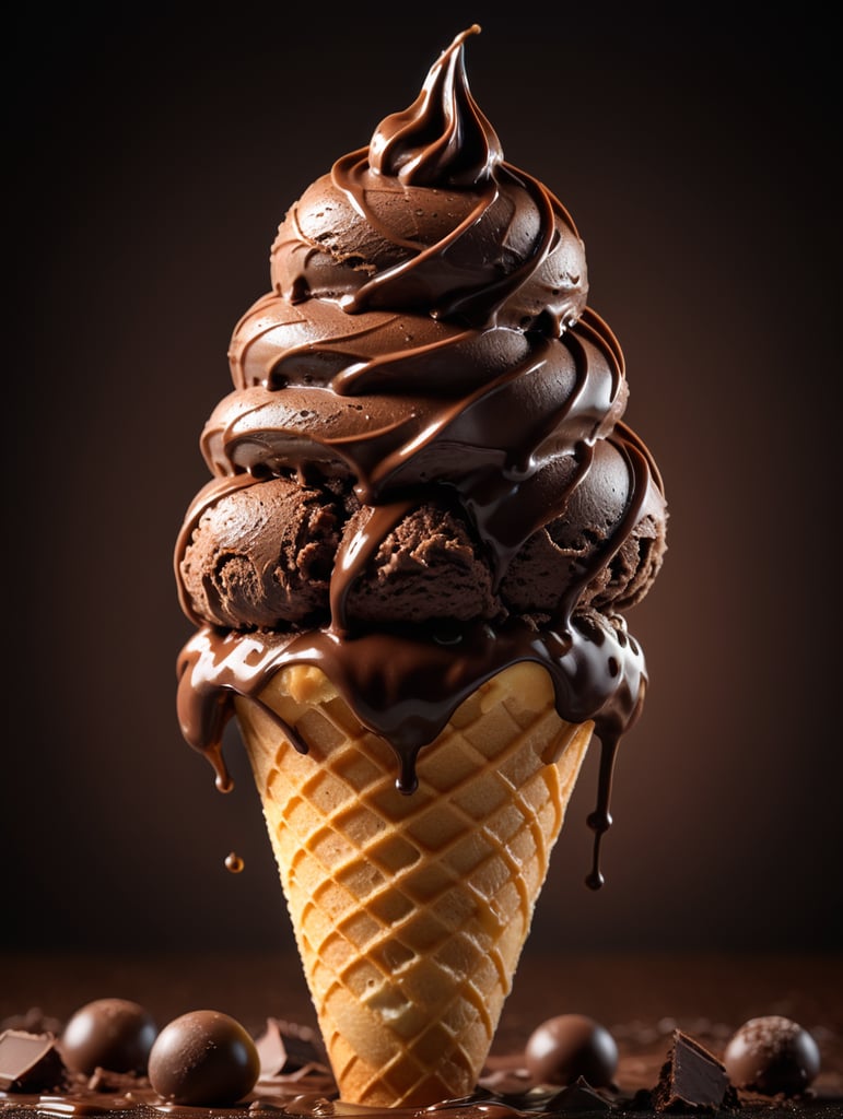 chocolate ice cream cone on chocolate background