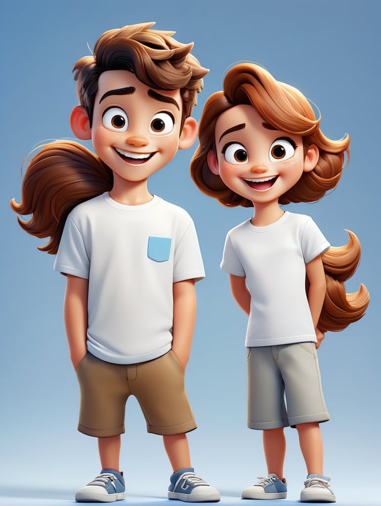 a boy and girl wearing white t-shirts, standing in front of blue background, blank shirts no print, 16 years old smiling toddlers, photo for apparel mock-up