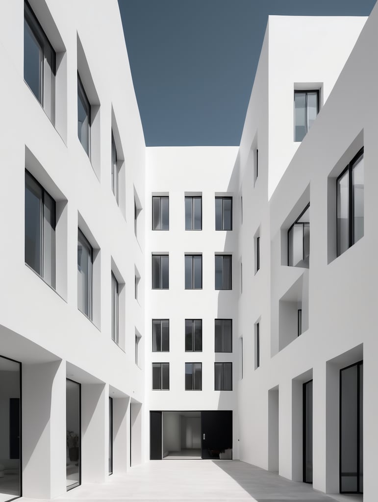 Give me an example for minimalistic white buildings make sure that they are connected and make room for a simple minimalistic windows and doors , keep in mind that the buildings are for residential use , add a entrance with stairs and raise the number of stories to 6 and the number of buildings combined to 4 And give me a picture that shows the whole buildings together