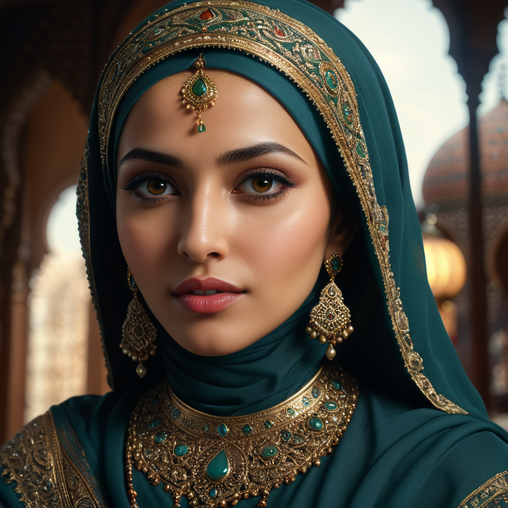 hyperrealistic, beautiful, elegant, muslim woman, commercial photography, realism, detail facial, intricate, Sony Dslr Alpha A7, ISO 1000,octane,8k