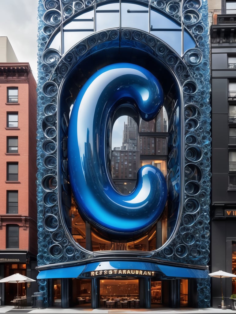 A futuristic neocosmic architectural facade of à Restaurant on the form of a musical note, in New York city, in blue glass, hyper realistic, hyper detailed, Nikon camera